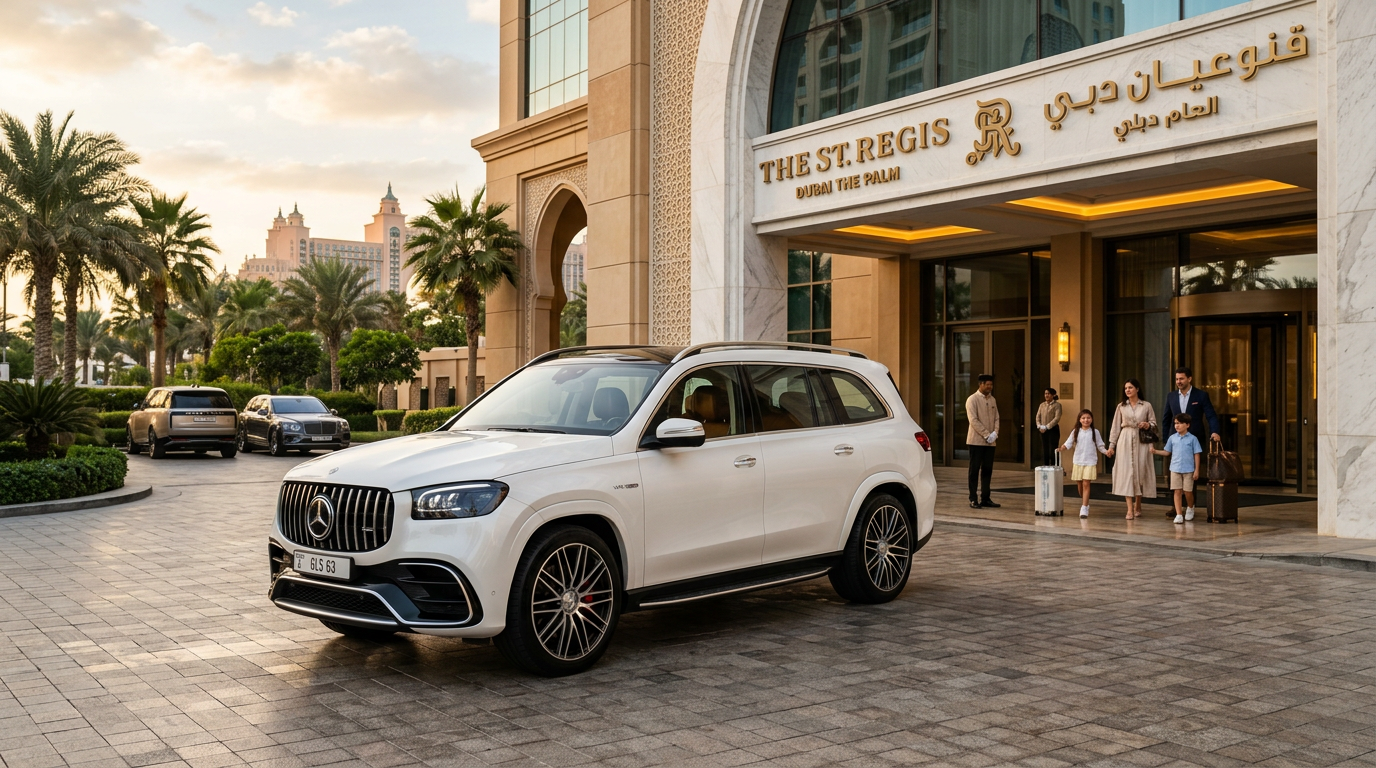 Mercedes GLS 63 AMG rental Dubai parked outside an upscale Dubai location