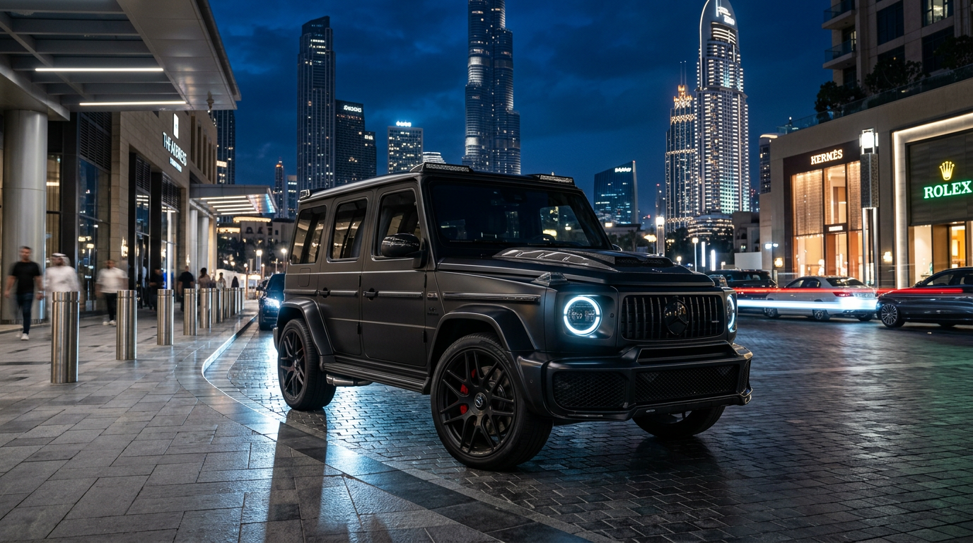 Premium Mercedes rental Dubai in a high-end city setting at night