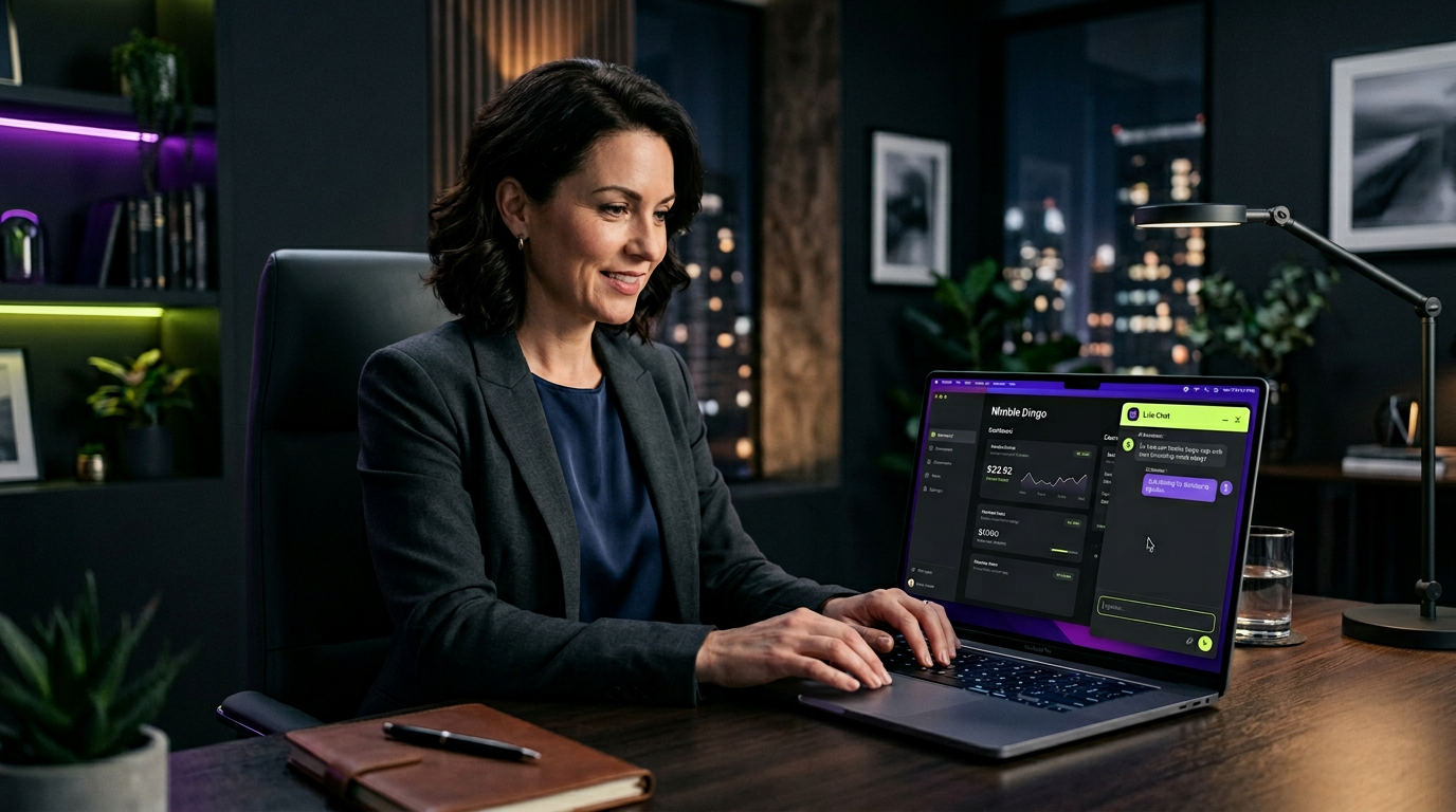 Service business website with AI chatbot open on screen in a modern dark workspace