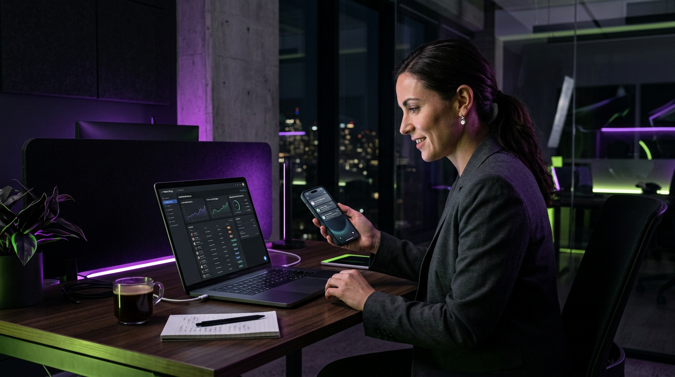 Laptop and phone showing automated lead follow-up messages for a service business