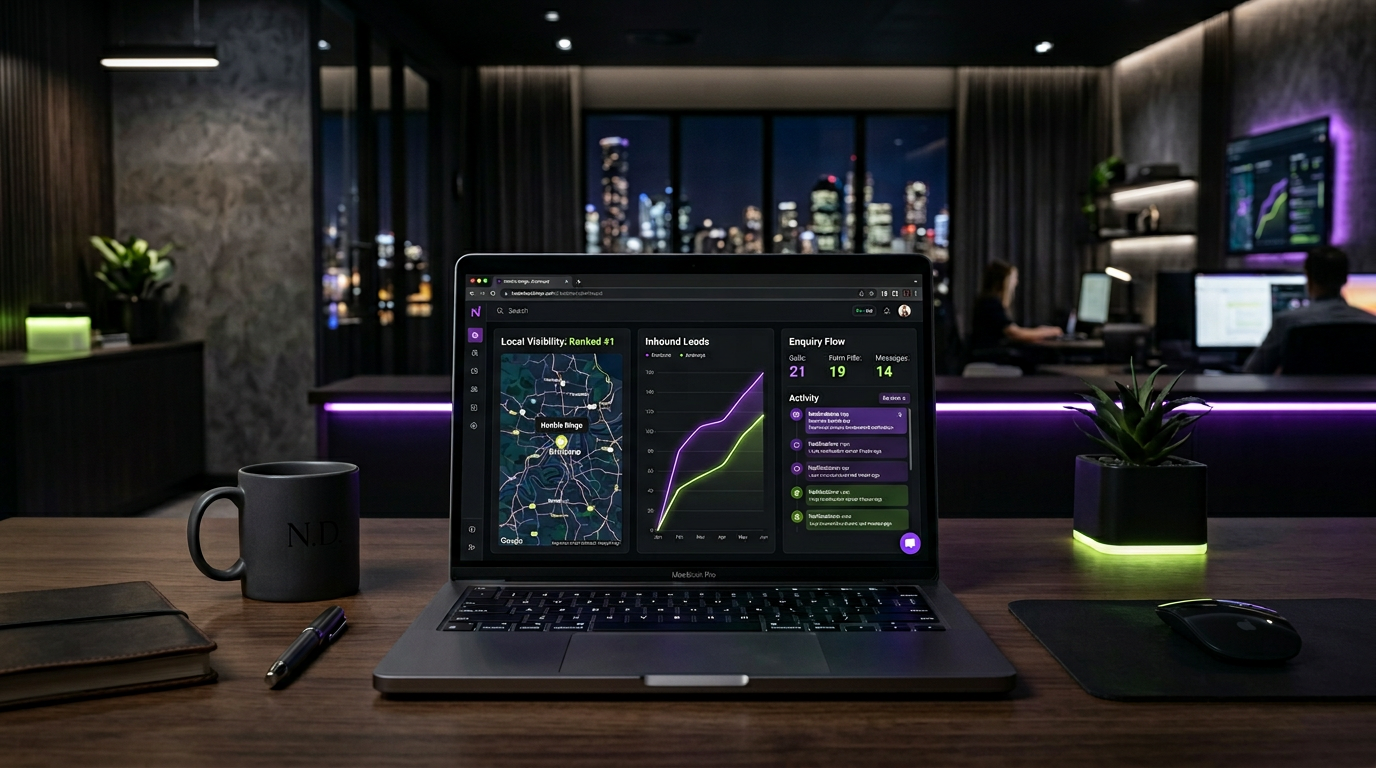 Laptop showing lead activity and search visibility for AI SEO Networks