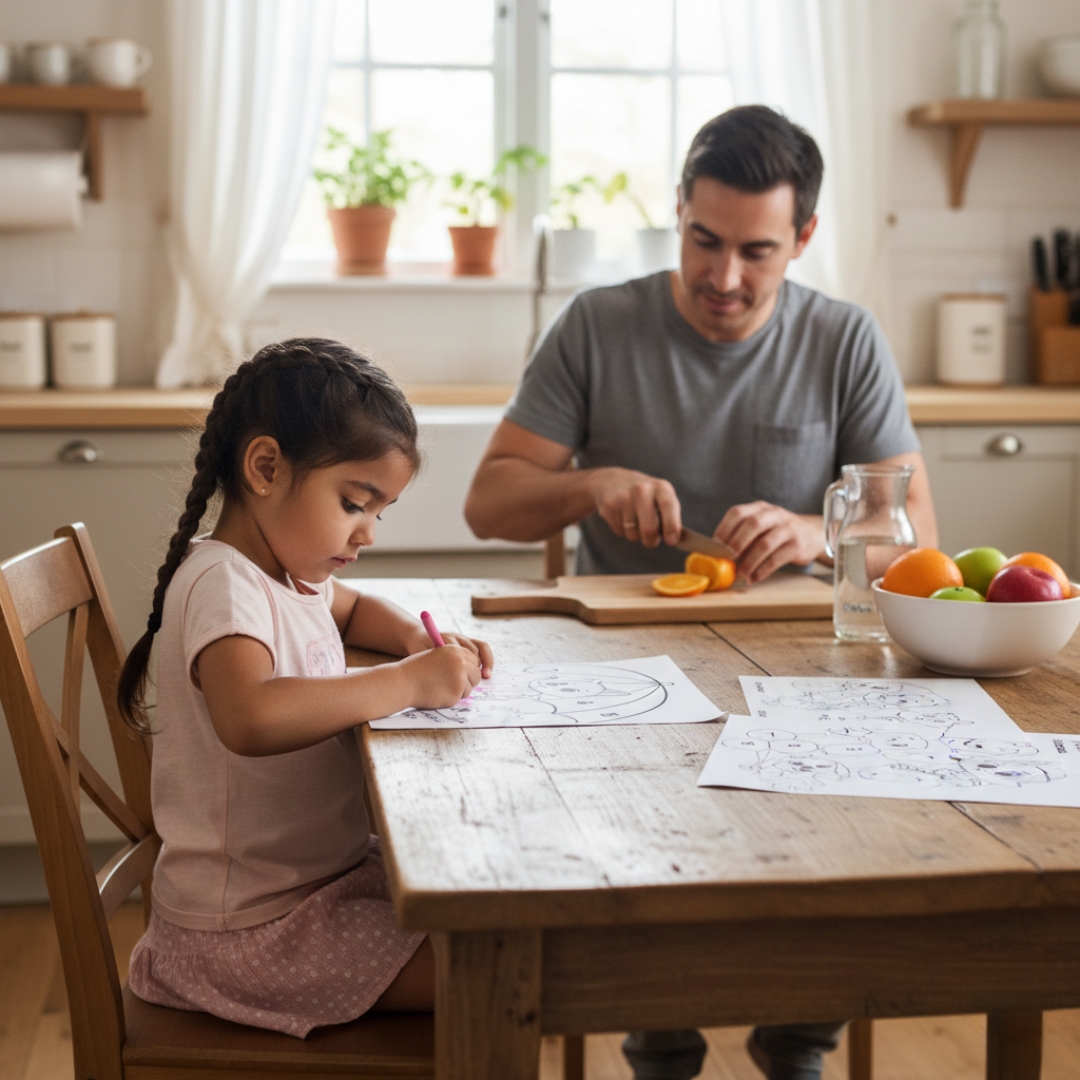 Teacher working with a child using ready-made Spanish materials in a calm, organized classroom.