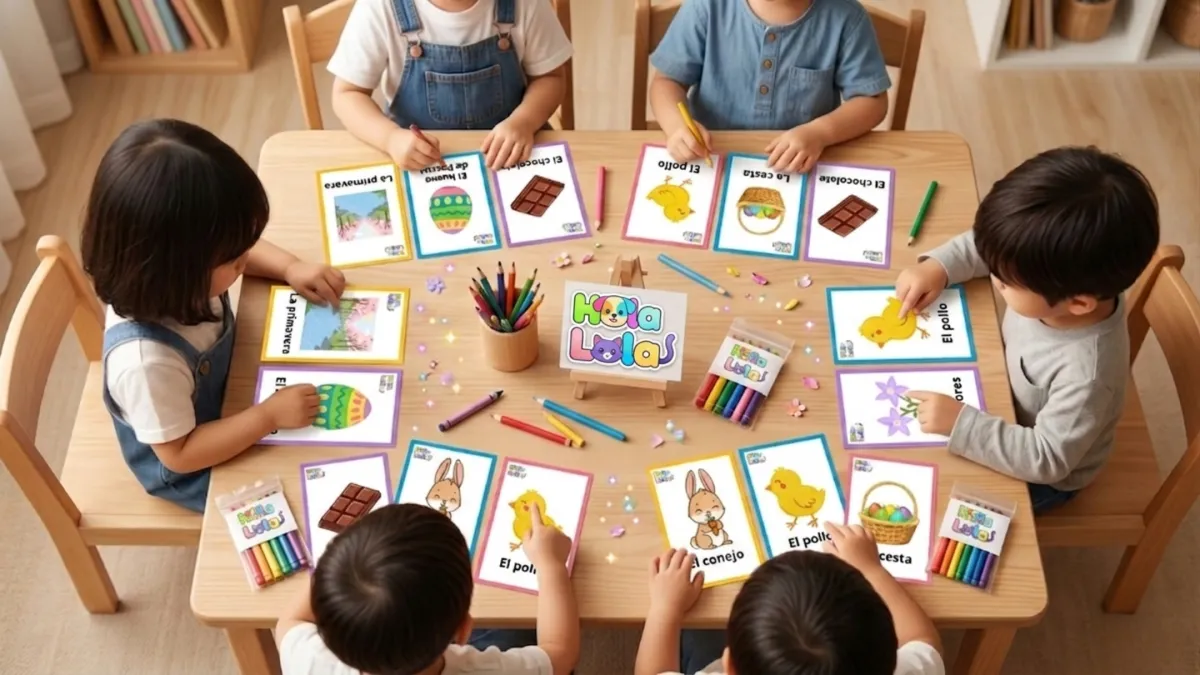 Niños y profesora usando actividades de Pascua en español con tarjetas y hojas imprimibles