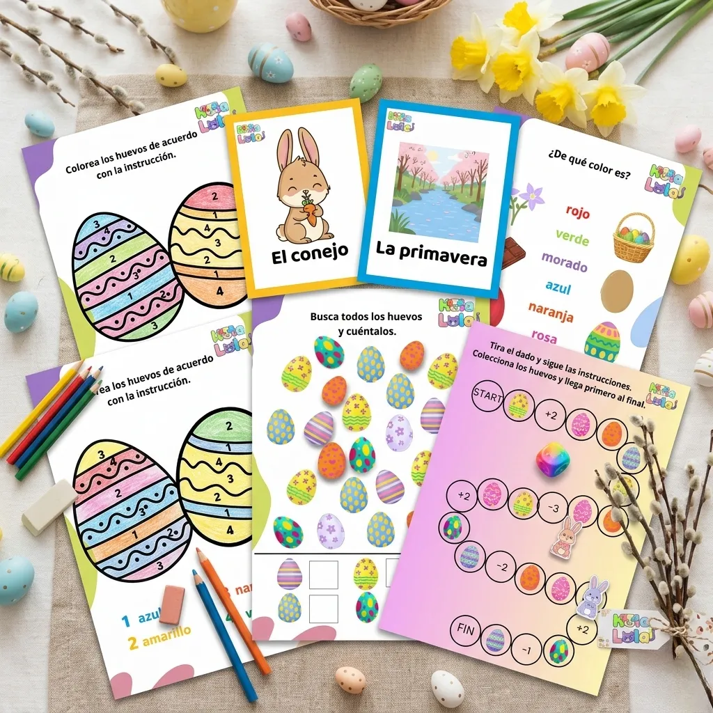 Pack de actividades de Pascua en español con flashcards, hojas de colorear y juegos imprimibles