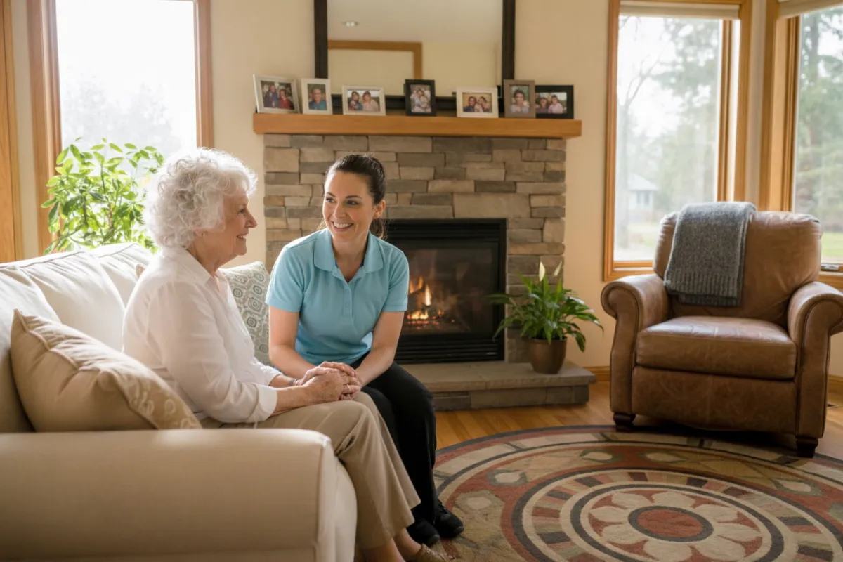 Smiling caregiver supporting senior at home