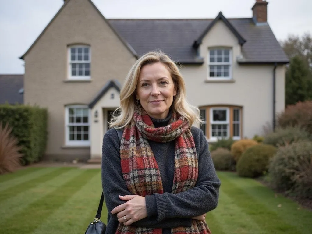 A woman stands outside a typical family home