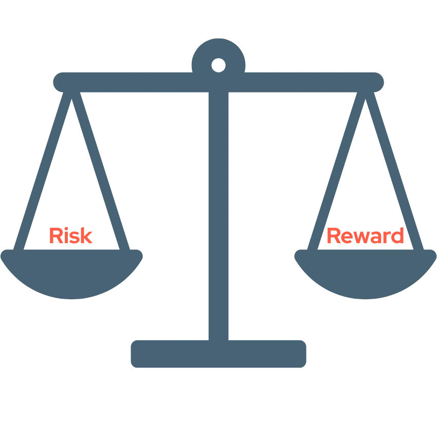 A graphic representing a set of perfectly balanced scales with the word 'Risk' resting on the left pan and 'Reward' resting on the right pan.