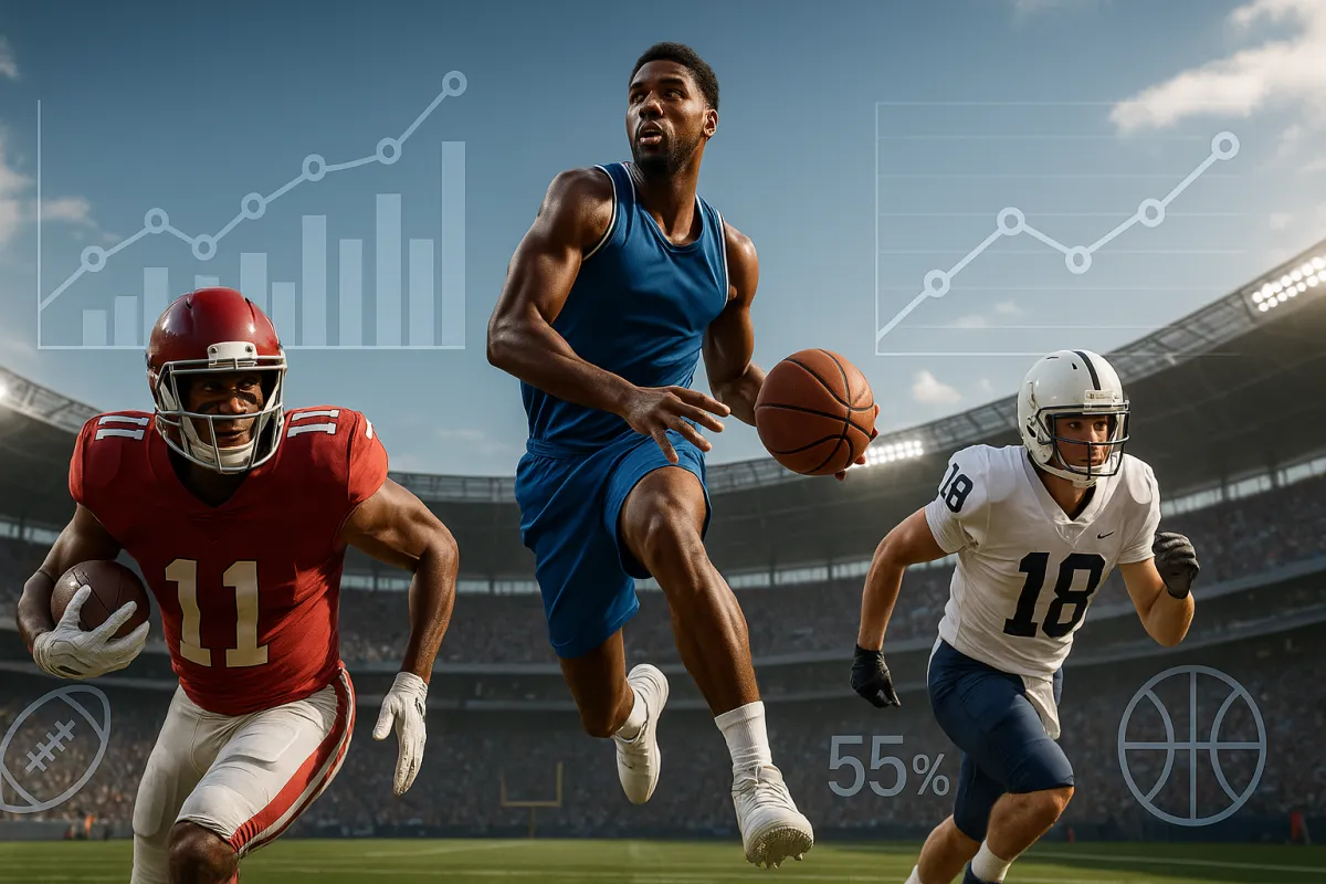 AI analyzing sports data on multiple screens, blue and gold interface, modern office