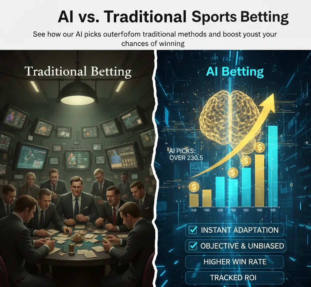 Split-screen: AI algorithm visual vs. traditional bettor with paper notes, blue/gold color scheme