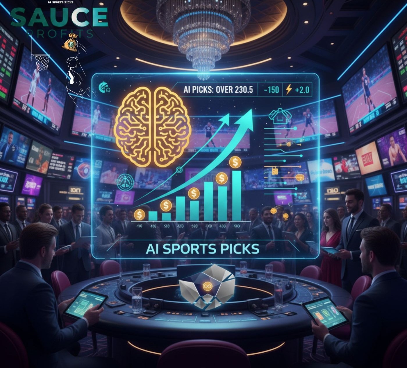 A diverse group of sports bettors illuminated by blue and gold digital overlays, analyzing real-time data on sleek screens with abstract AI neural network patterns in the background.