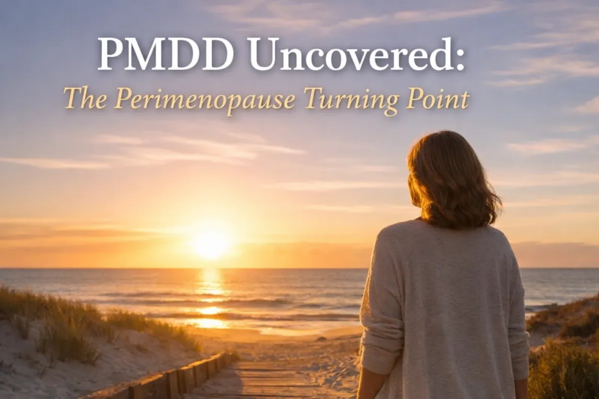 Woman standing on a beach at sunrise reflecting on PMDD and perimenopause healing journey