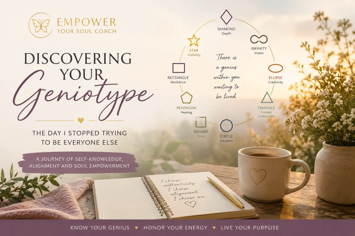 Soft feminine blog cover for Empower Your Soul Coach featuring the Geniotype map, warm sunrise light, flowers, journal, tea cup, and soulful self-discovery theme for women seeking authentic purpose and emotional balance.
