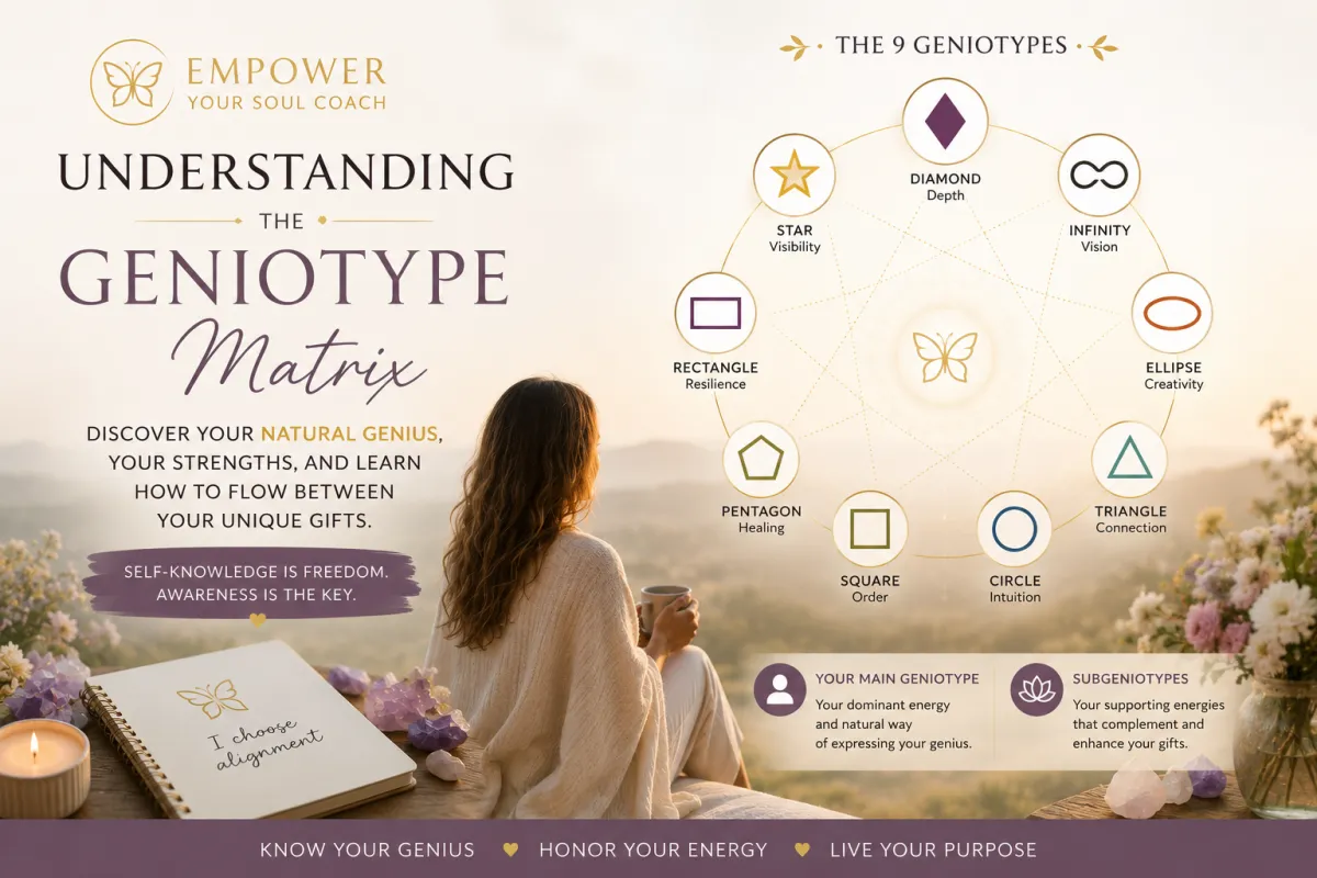 Spiritual and feminine blog cover about the Geniotype Matrix featuring the 9 Geniotypes, sacred geometry, peaceful woman in nature, and self-discovery theme inspired by Tony Estruch’s methodology.