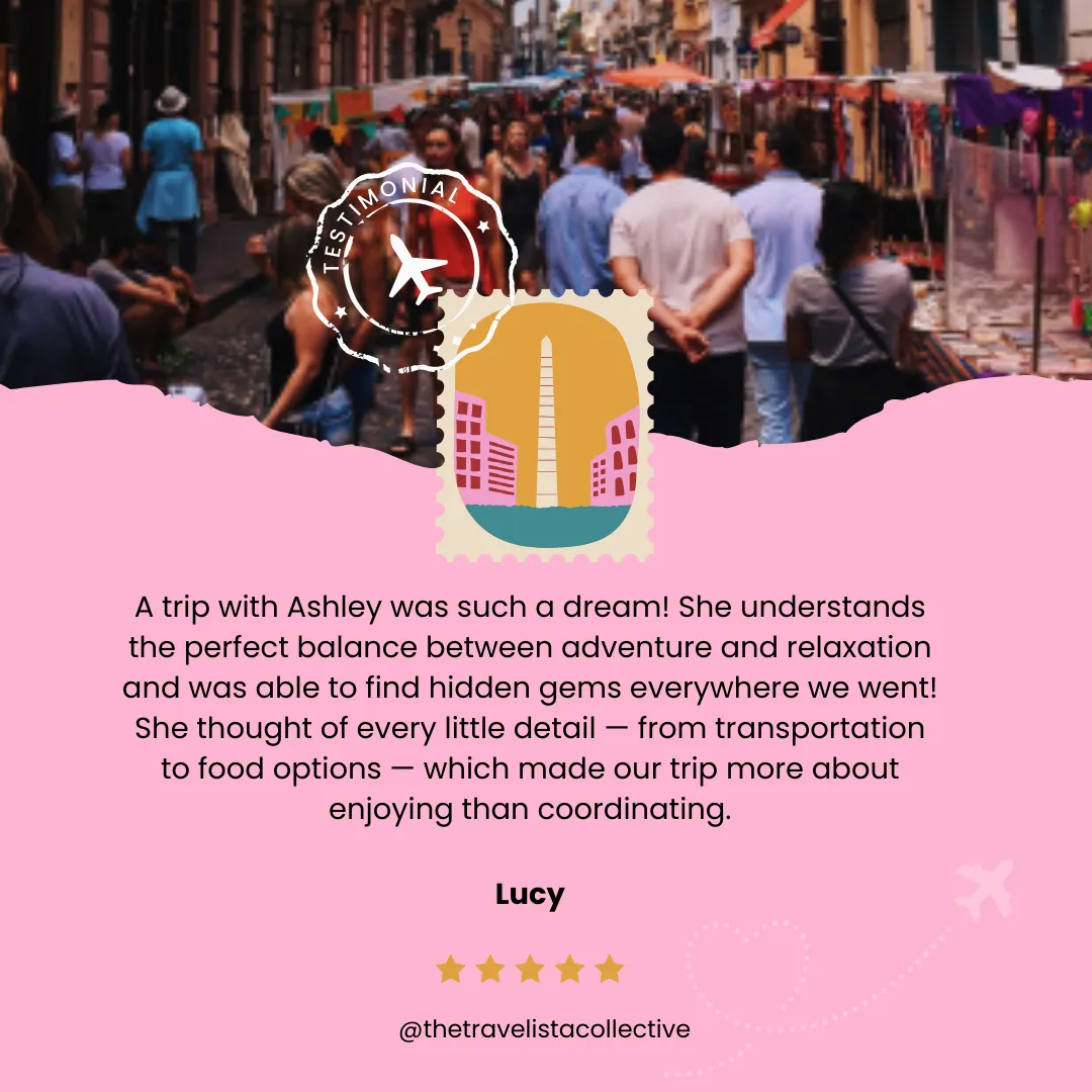Travel testimonial graphic with a 5-star review of a personalized trip by The Travelista Collective, featuring a vibrant street market in Latin America and pink design with travel-themed elements