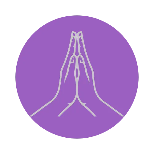 Praying hands line drawing in purple circle