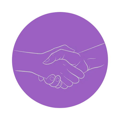 Shaking hands line drawing on purple circle