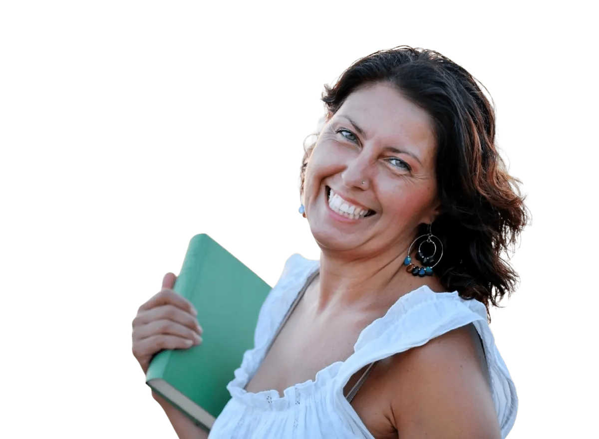 Smiling woman holing self-published book