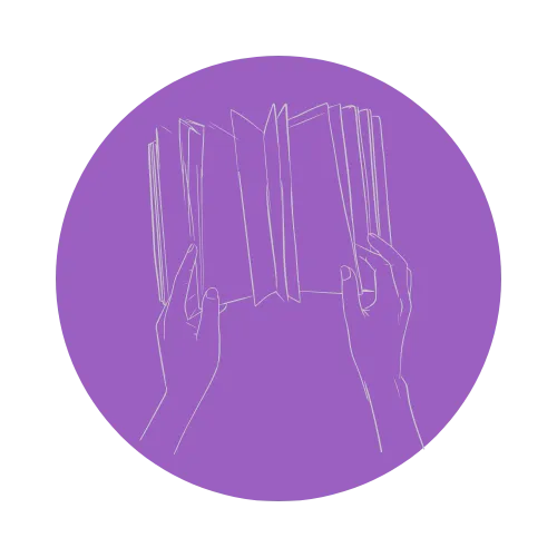 Hands holding open book outline on purple circle