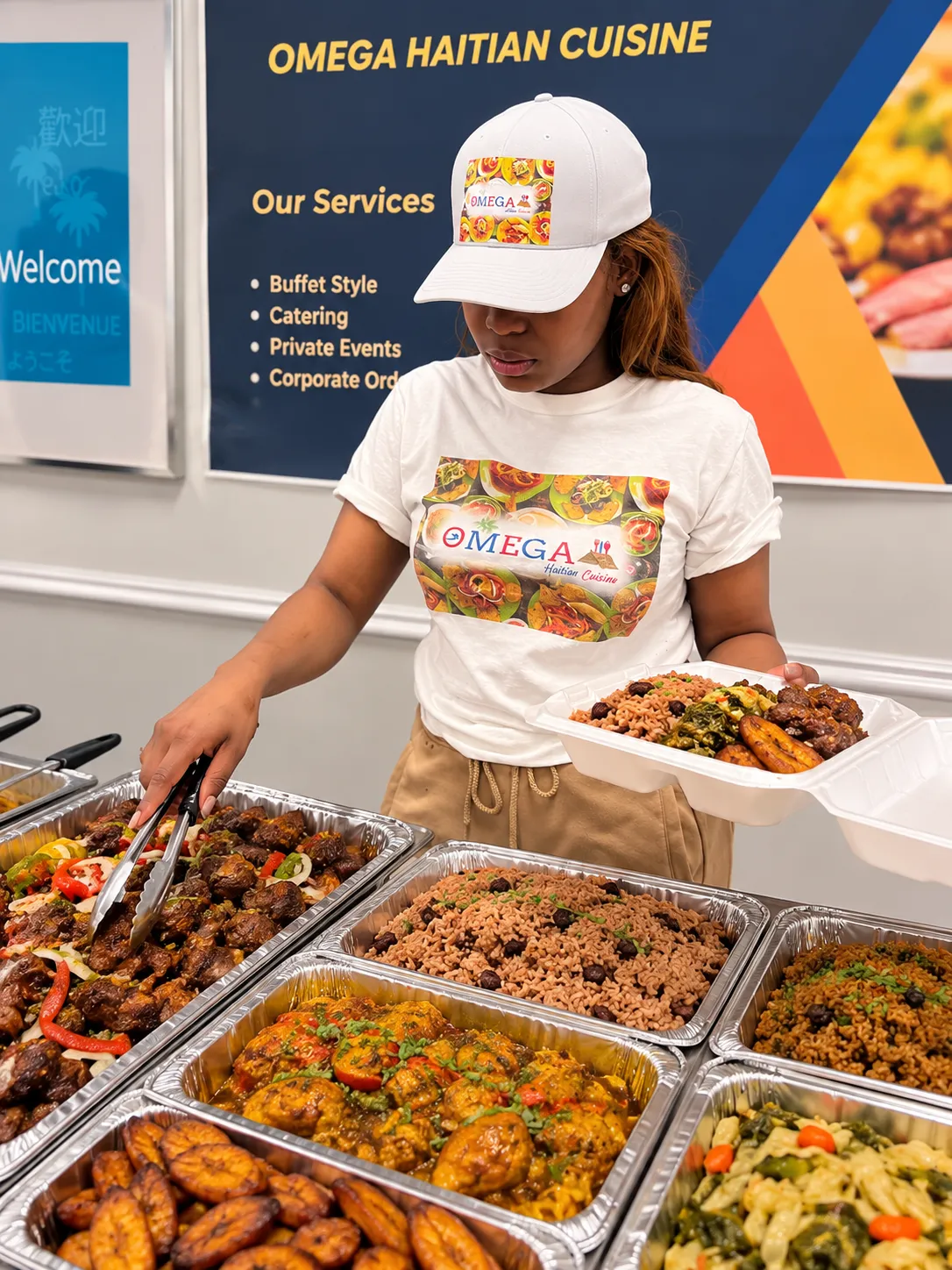 Chef Nanan smiling warmly in a bright sunlit kitchen surrounded by fresh Haitian spices and cooking ingredients