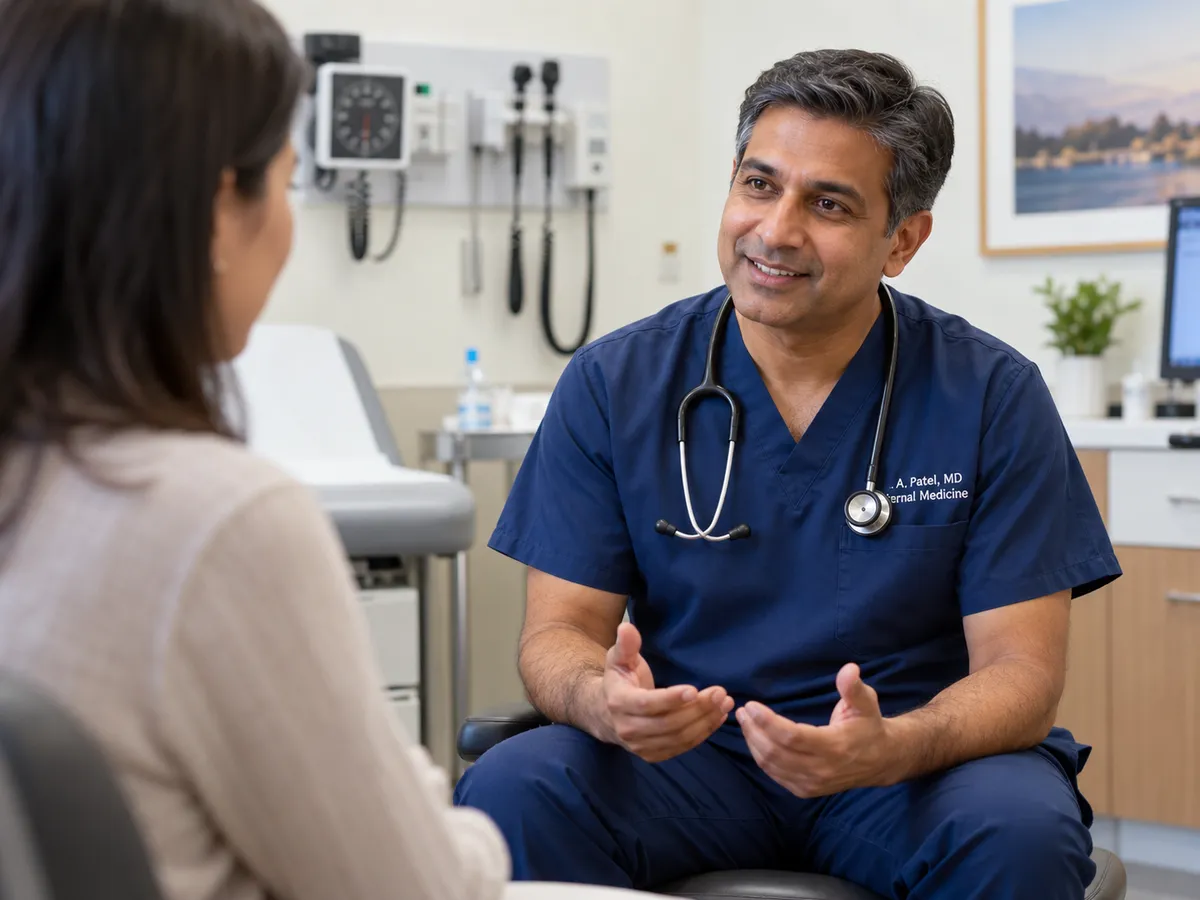 Doctor talking with a patient in a HIPAA-compliant medical office