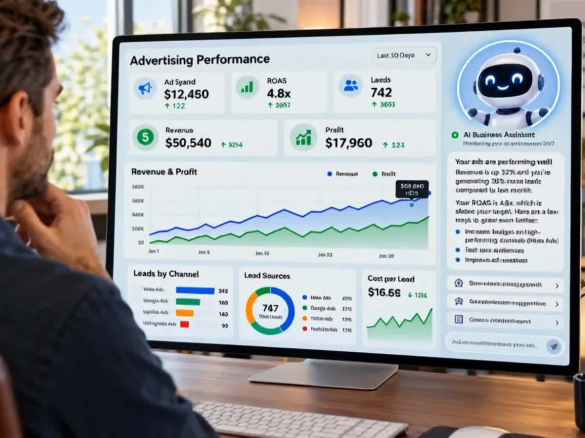 Marketing team reviewing dashboard with ad spend and ROI insights
