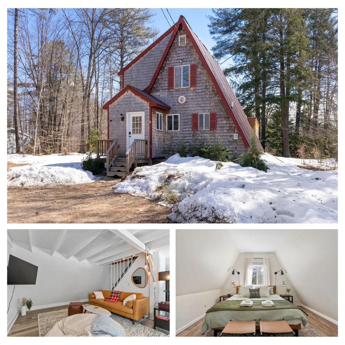 Relax by the lakeshore pines in a cozy A-frame in Fryeburg, Maine, perfect for couples, small families, and groups of friends, with fresh furnishings for a peaceful retreat.