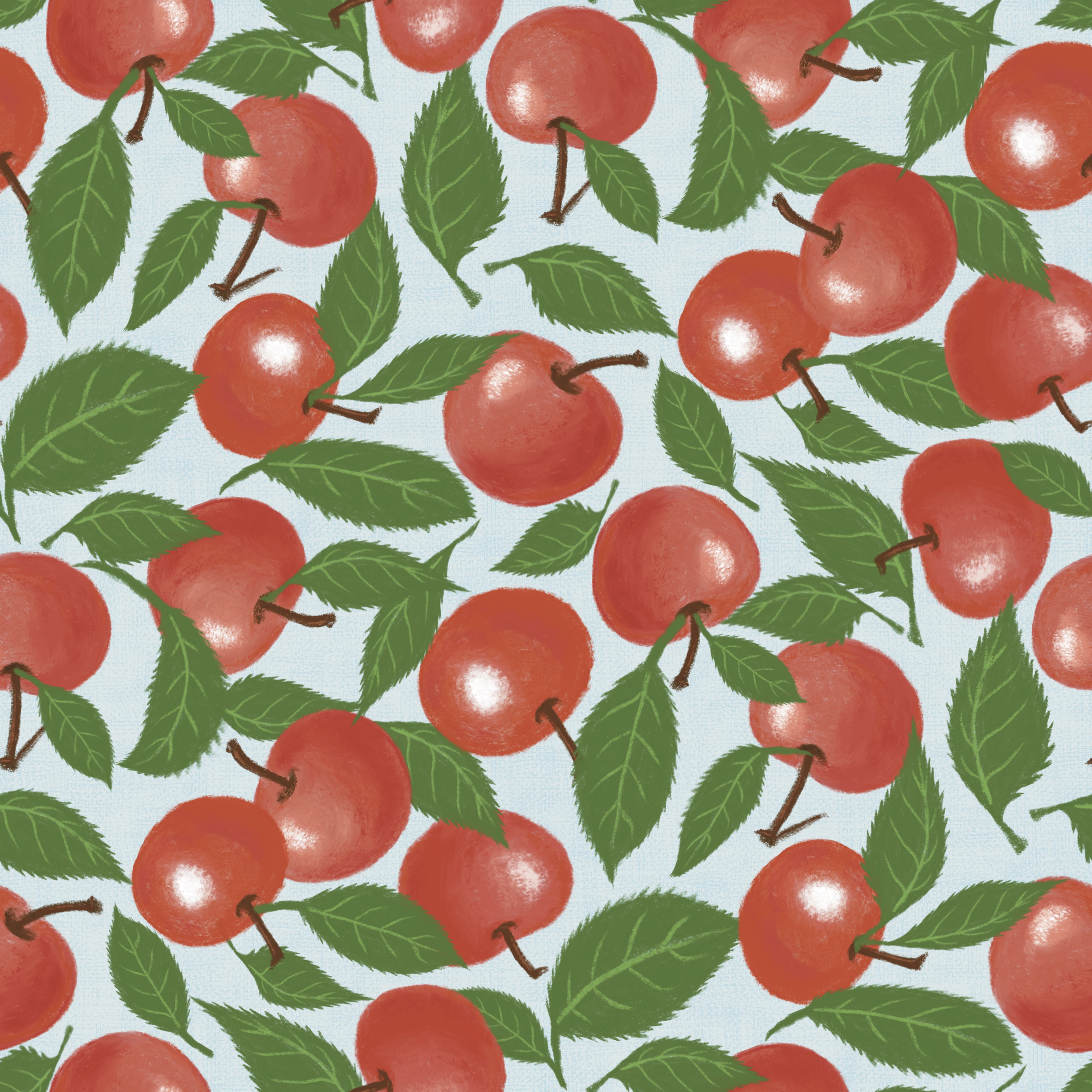 juicy red cherries with leaves on a pale blue backround fabric pattern perfect for summer clothing, tablecloth, napkins, or picnic blanket