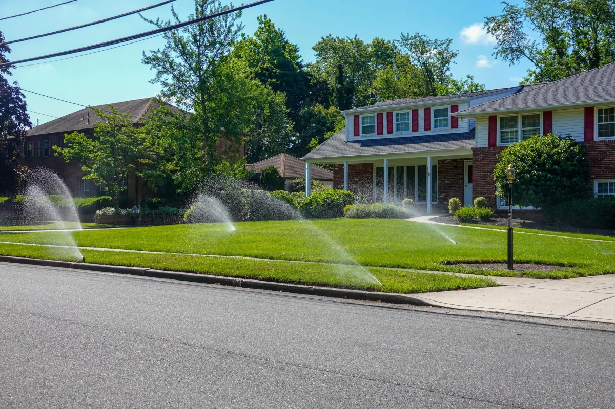 Sprinklers watering a green front yard, showing discreet lawn irrigation for residential homes in Nova Scotia.