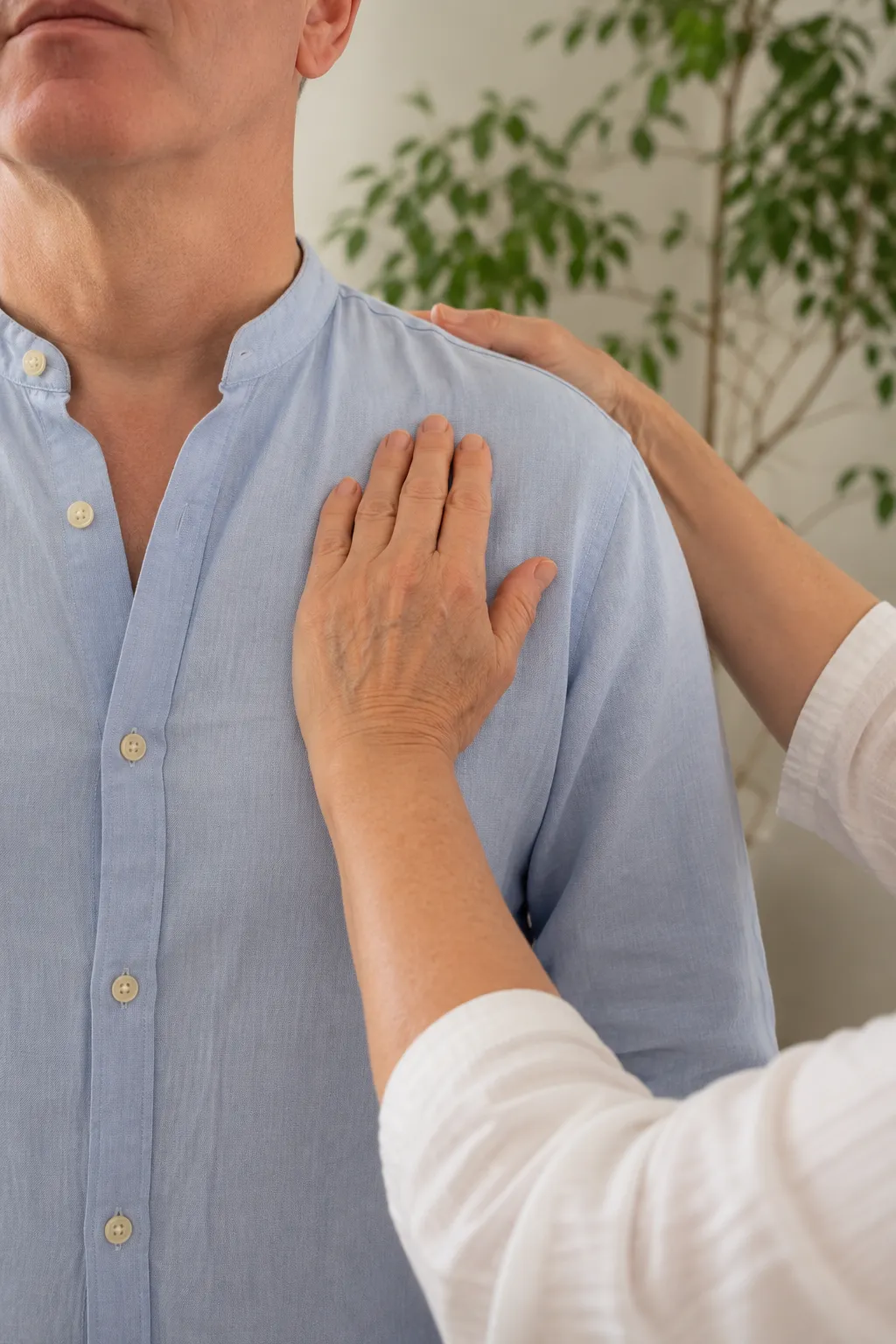 Photo showing the therapist working on a client's shoulder