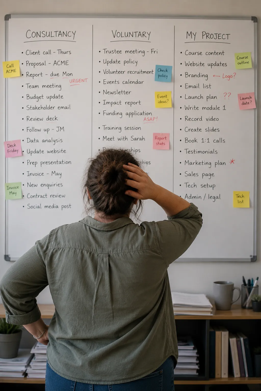 Picture of a business woman struggling to asses her priorities