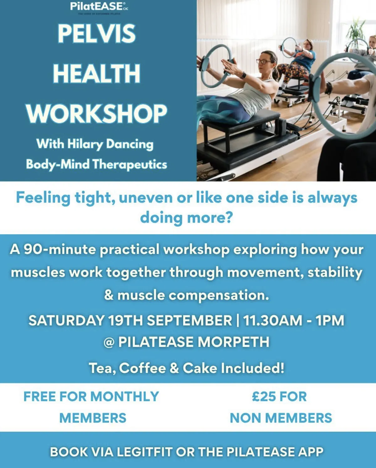 Booking page for Pelvic Health Pilate and Kinesiology workshop with Hilary Dancing in Morpeth