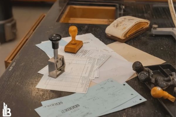 Refinance paperwork and notary stamps on desk representing mortgage refinancing and document notarization