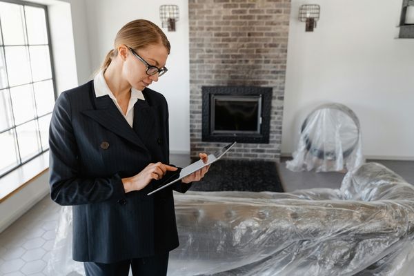Real estate professional reviewing property closing documents during busy housing market activity