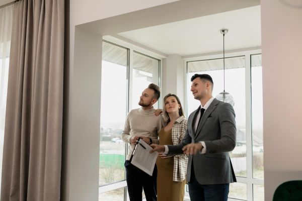 Real estate agent reviewing a property with home buyers during buying season, highlighting closing coordination and professional notary support in Florida.