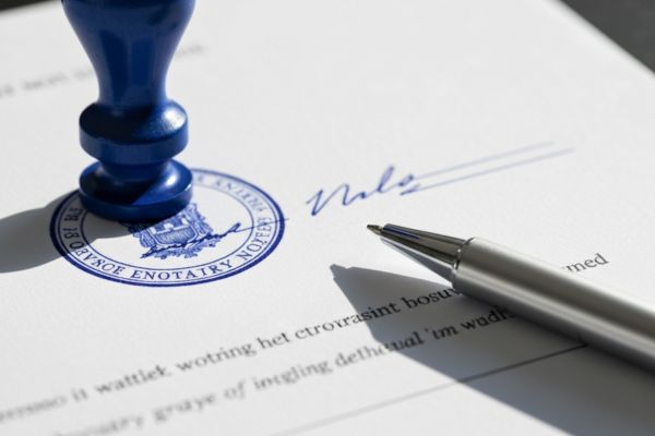 close up photo of notary stamp and a ballpen