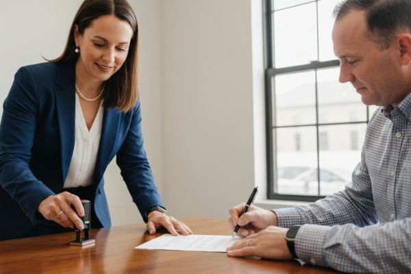 notary assisting a client with estate planning documents