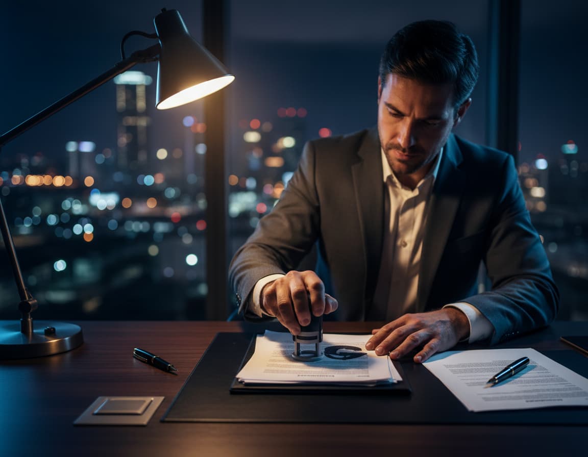 Corporate executive reviewing urgent business contracts late at night