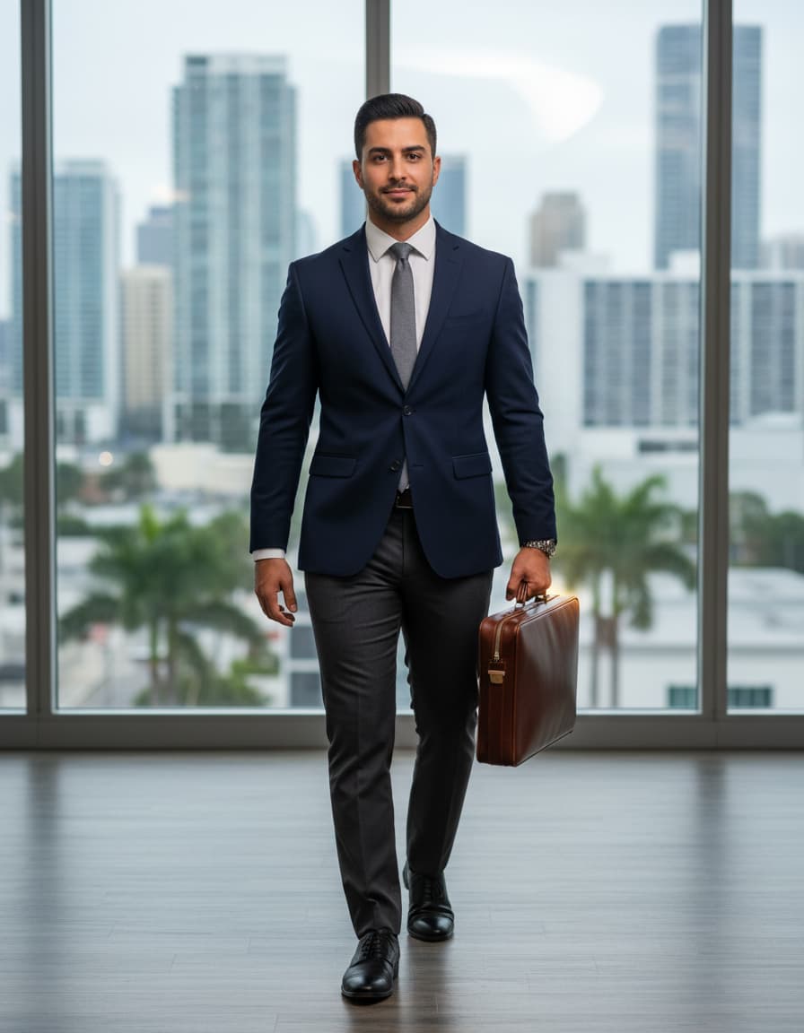 Professional mobile notary from Blue Ink Signing Solutions arriving at a Miami Brickell office