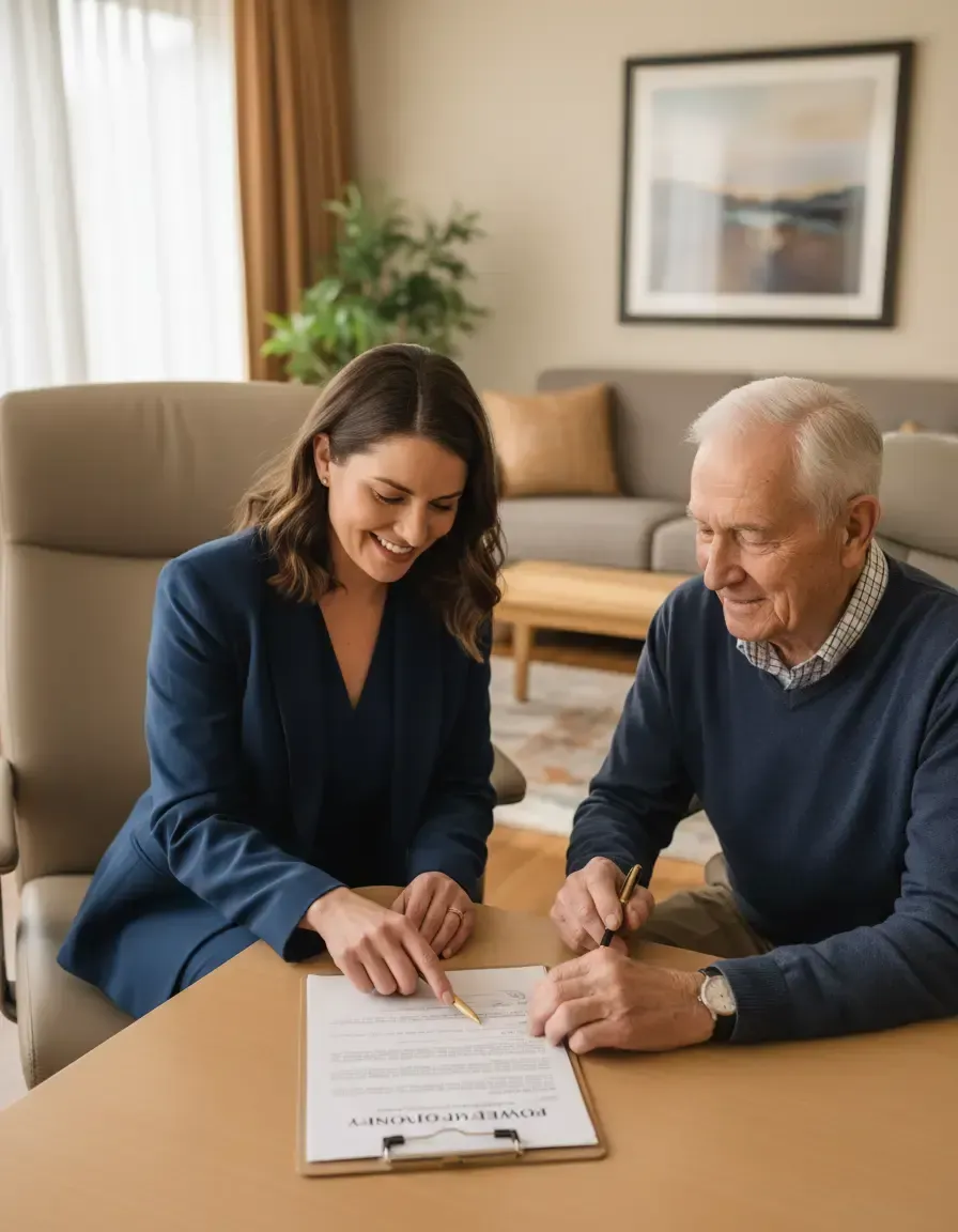 Compassionate notary public assisting an elderly patient at a nursing home