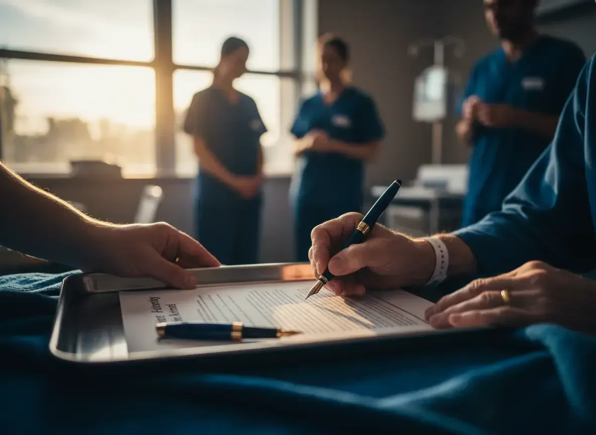 Hospital patient signing a Power of Attorney document with a notary