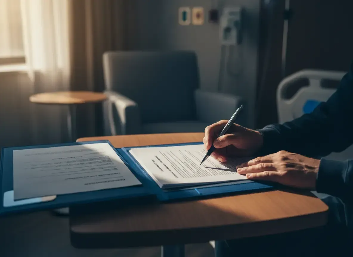 Family member and patient finalizing guardianship documents in a hospital