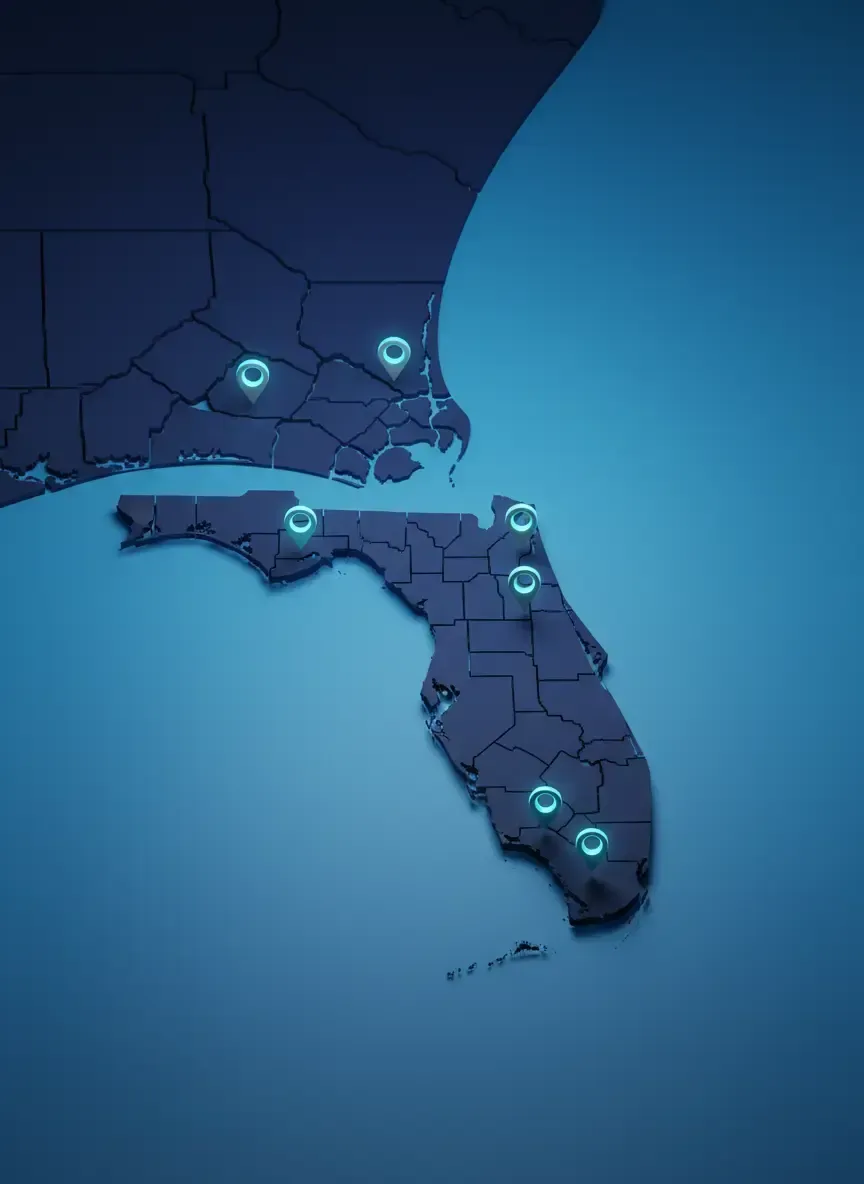 Stylized map of South Florida highlighting the Tri-County service area