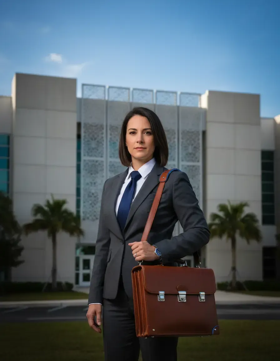 Professional notary with a mobile kit standing confidently outside a South Florida correctional facility