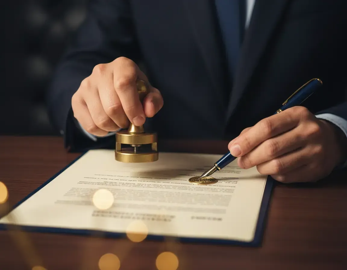 A notary public stamping a document to verify a signature