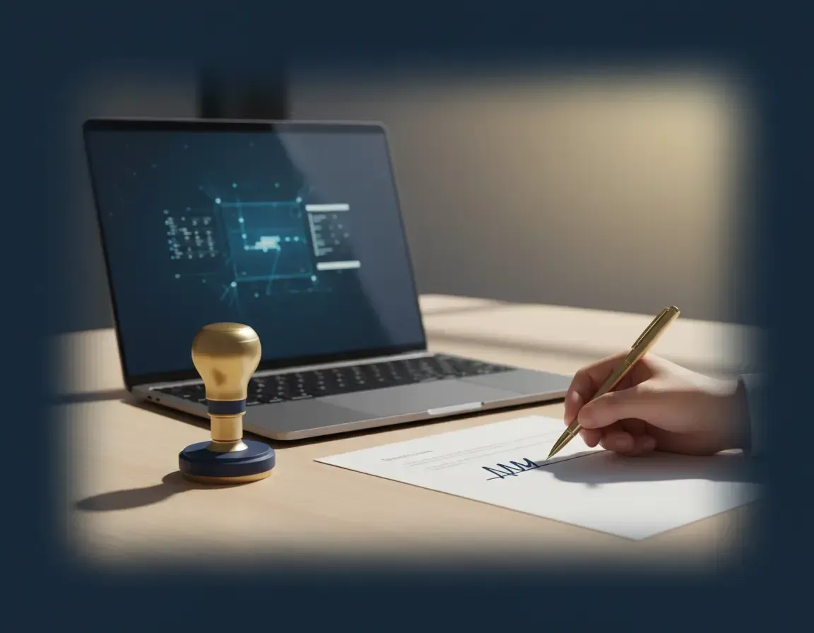 Mobile notary signing a document with a subtle blue tint