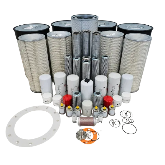 Various replacement air filters, oil filters, fuel filters, panel filters, drive belt, and gaskets for industrial equipment maintenance