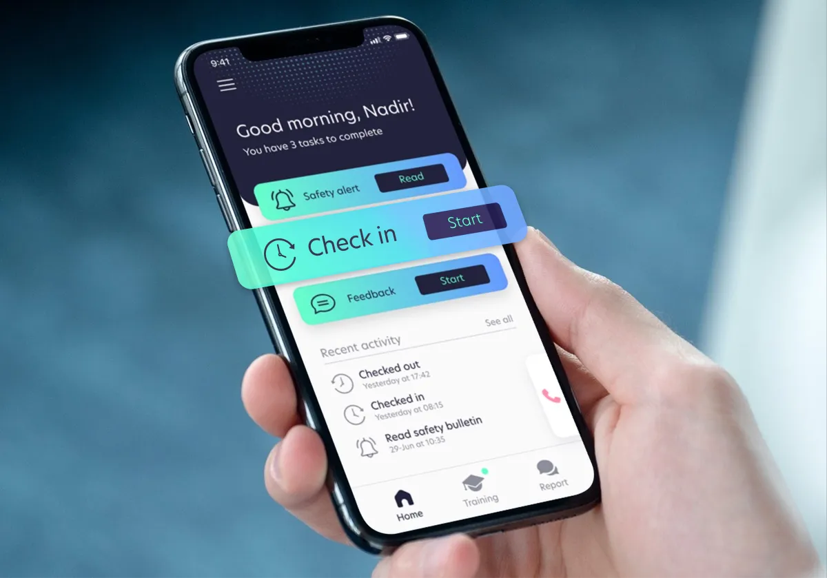 PulseWorks mobile dashboard showing wellbeing prompts, offline indicators, navy header and teal highlights on a smartphone mockup.