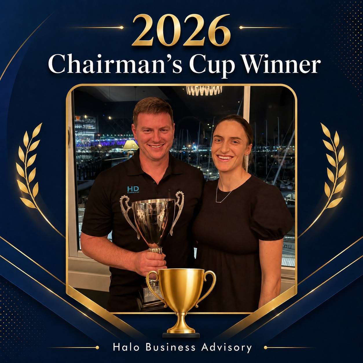 Hayden Dyer of HD Plumbing & Gas holding the 2026 Halo Chairman’s Cup.
