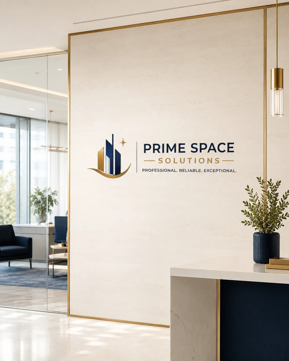 Prime Space Solutions branding displayed within a premium modern commercial workspace.