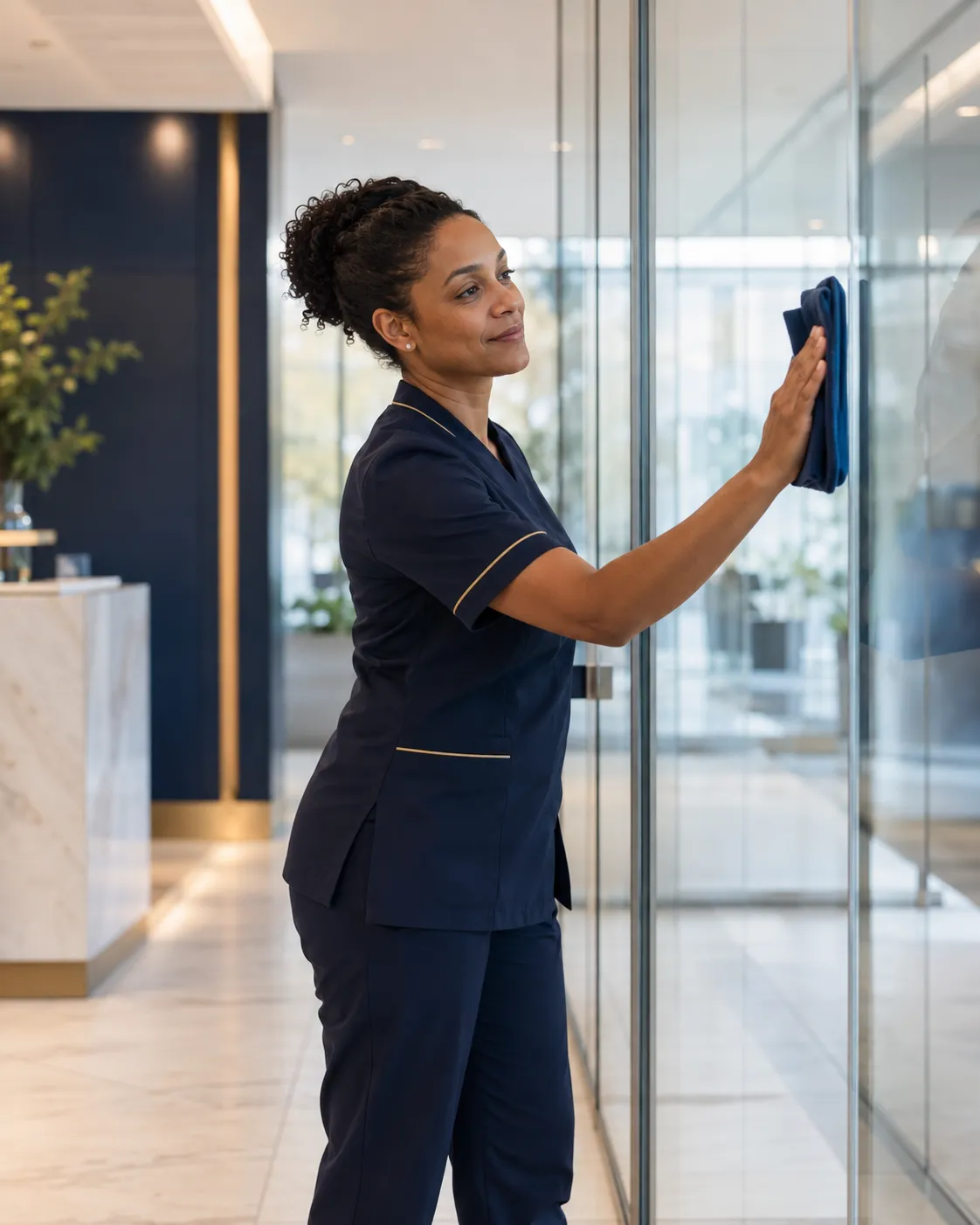 Professional commercial cleaning service in a modern workplace